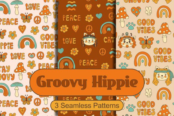 Groovy Hippie Seamless Patterns with Cat: A Nostalgic Design for Modern Creations