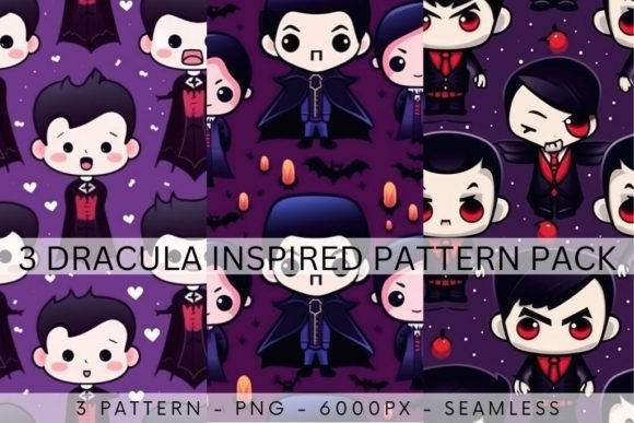 PACK of 3 Cute Kawaii Dracula Patterns: A Playful Twist on Halloween Design