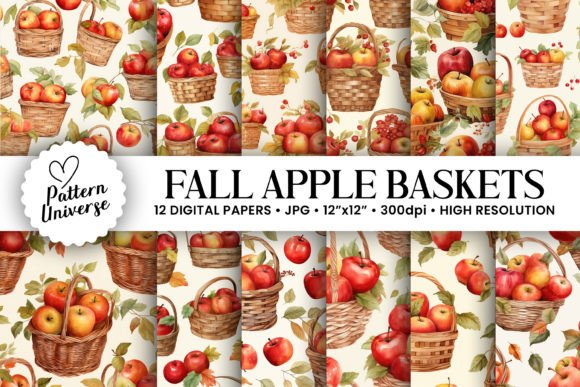 Watercolor Fall Apple Baskets Patterns for Creative Projects